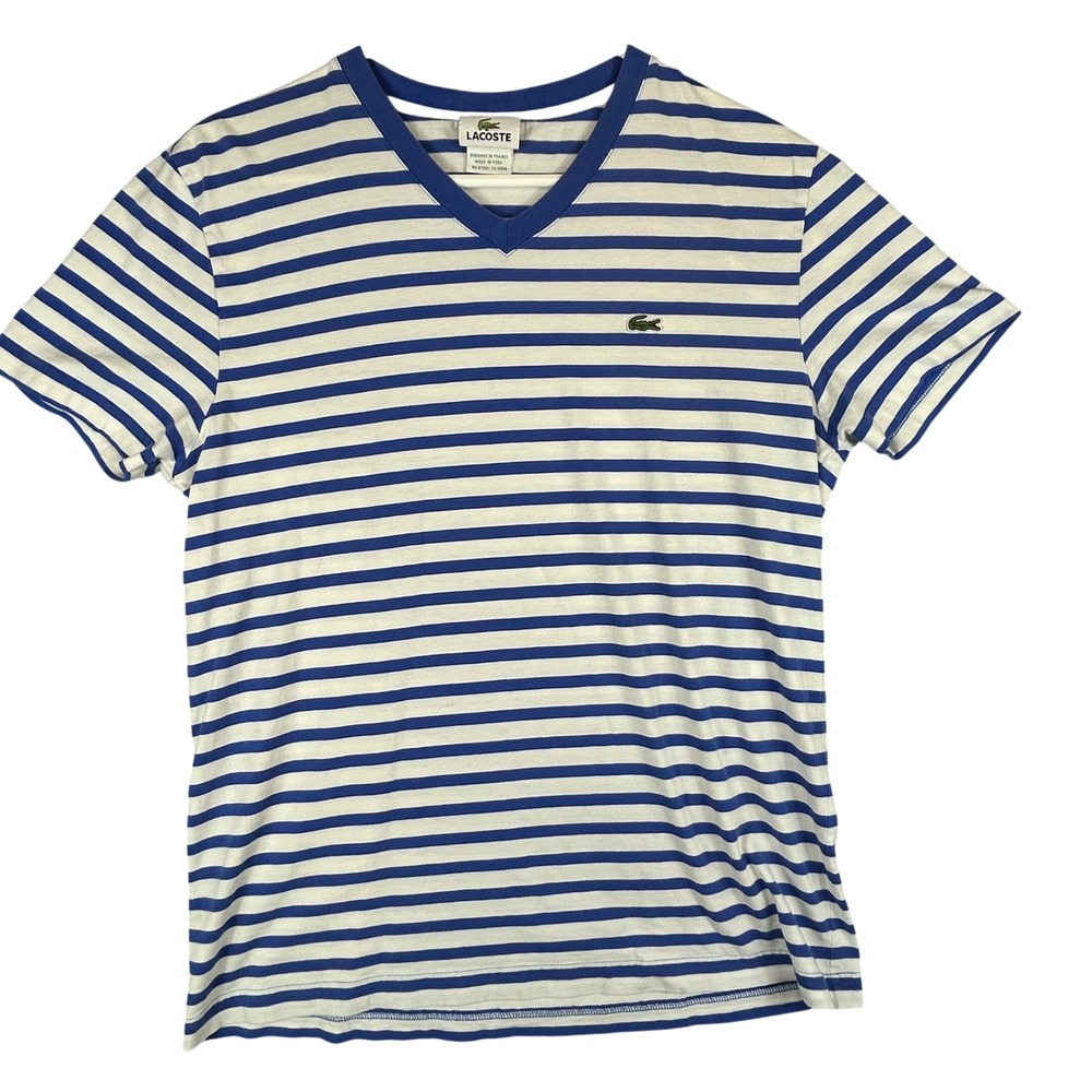 Lacoste Mens Blue White Striped V-Neck Cotton T-Shirt Size 5 Medium 5191L